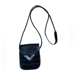 Vintage Brighton Mini Saddle Crossbody Leather Bag Croc, Woven, Braided,‎ black